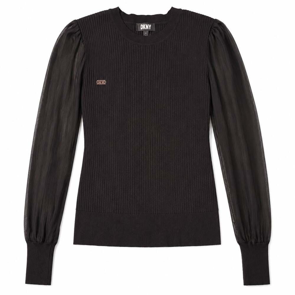 DKNY Women's Ribbed Knit Mixed Media Puff Sleeve Sweater